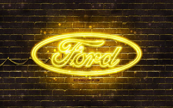 フォードイエローのロゴ, 4k, 黄色のレンガの壁, フォードのロゴ, 車のブランド, フォードネオンロゴ, フォード