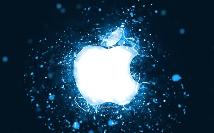 アップルブルーのロゴ, 4k, 青いネオンライト, creative クリエイティブ, 青い抽象的な背景, アップルのロゴ, ブランド, Apple（アップル）