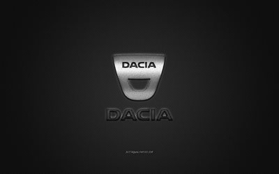 Logo Dacia, logo argent&#233;, fond gris en fibre de carbone, embl&#232;me en m&#233;tal Dacia, Dacia, marques de voitures, art cr&#233;atif