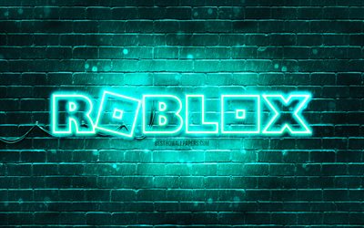 Roblox turquoise logo, 4k, turquoise brickwall, Roblox logo, online games, Roblox neon logo, Roblox