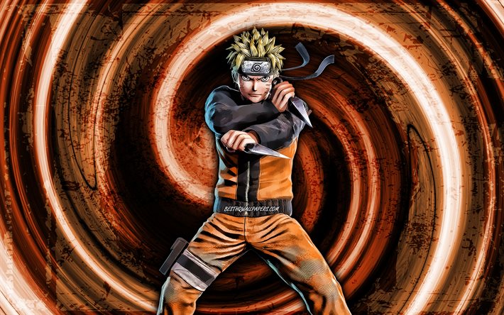 4k, Uzumaki Naruto, oranssi grunge-tausta, Naruto-hahmot, Sharingan, Naruto, py&#246;rre, manga, samurai, Naruto Uzumaki