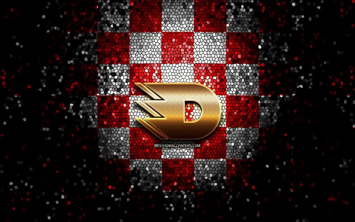HC Dynamo Pardubice, glitter logo, Extraliga, red white checkered background, hockey, czech hockey team, HC Dynamo Pardubice logo, mosaic art, czech hockey league, Dynamo Pardubice