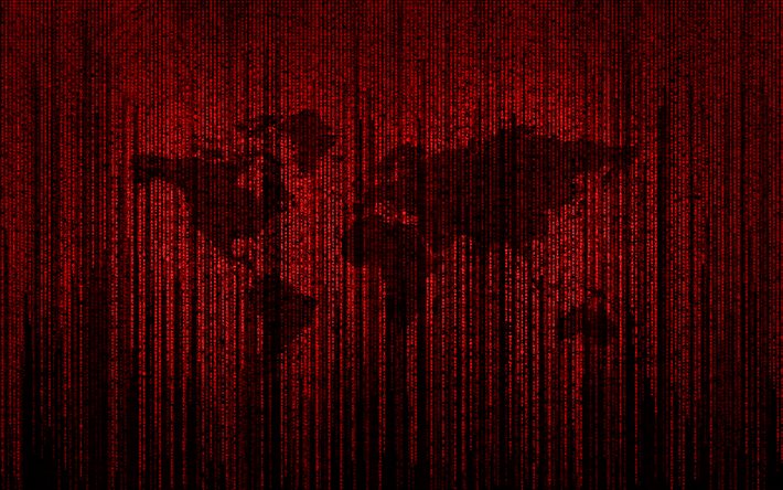mappa del mondo rosso, sfondo digitale rosso, concetti di mappa del mondo, mappa del mondo digitale, concetti di matrice, arte digitale