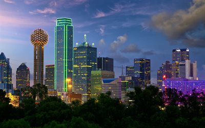 Dallas, evening, skyscrapers, Dallas cityscape, Bank of America Plaza, Reunion Tower, Renaissance Tower, Dallas skyline, Texas, USA
