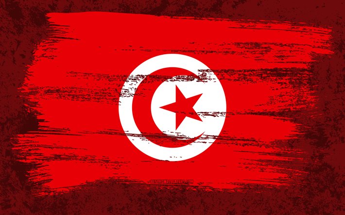 4k, drapeau de la Tunisie, drapeaux de grunge, pays africains, symboles nationaux, coup de pinceau, drapeau tunisien, art grunge, Afrique, Tunisie
