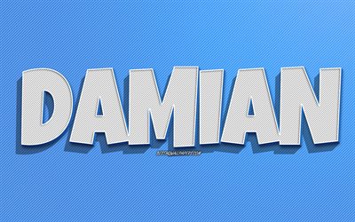 Damian, fond de lignes bleues, fonds d&#39;&#233;cran avec des noms, nom Damian, noms masculins, carte de voeux Damian, dessin au trait, photo avec nom Damian