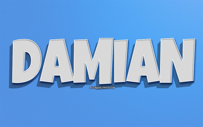 Damiano, sfondo a righe blu, sfondi con nomi, nome Damiano, nomi maschili, biglietto di auguri Damiano, disegni al tratto, foto con nome Damiano