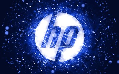HP dark blue logo, 4k, dark blue neon lights, creative, Hewlett-Packard logo, dark blue abstract background, HP logo, Hewlett-Packard, HP