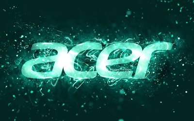 Acer turquoise logo, 4k, turquoise neon lights, creative, turquoise abstract background, Acer logo, brands, Acer