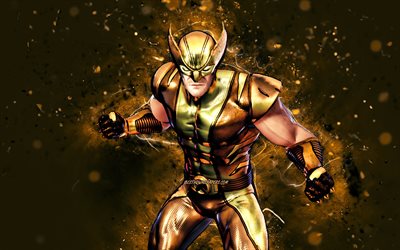 Gold Foil Wolverine, 4k, yellow neon lights, Fortnite Battle Royale, Fortnite characters, Gold Foil Wolverine Skin, Fortnite, Gold Foil Wolverine Fortnite