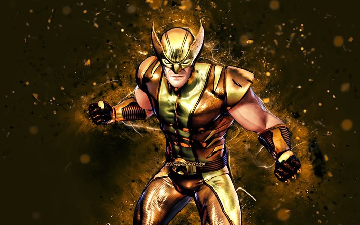 Lamina d&#39;oro Wolverine, 4k, luci al neon gialle, Fortnite Battle Royale, Personaggi di Fortnite, Pelle di Wolverine a foglia d&#39;oro, Fortnite, Wolverine di foglia d&#39;oro Fortnite