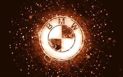Logo marrone BMW, 4K, luci al neon marroni, creativo, sfondo astratto marrone, logo BMW, marche di automobili, BMW