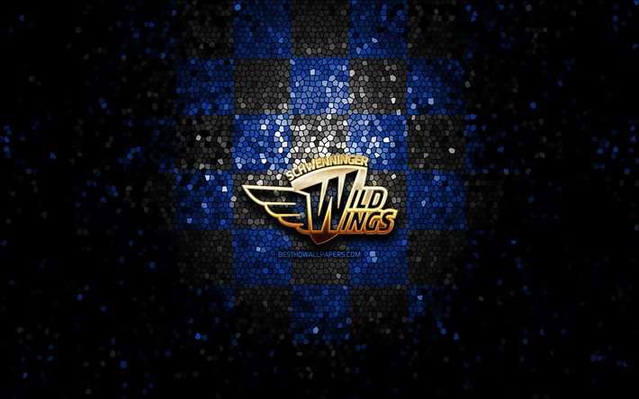 Schwenninger Wild Wings, glitter logo, DEL, blue black checkered background, hockey, german hockey team, Schwenninger Wild Wings logo, mosaic art, Deutsche Eishockey Liga, german hockey league