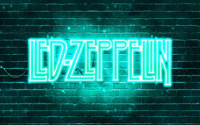 Led Zeppelin turquoise logo, 4k, turquoise brickwall, british rock band, Led Zeppelin logo, music stars, Led Zeppelin neon logo, Led Zeppelin