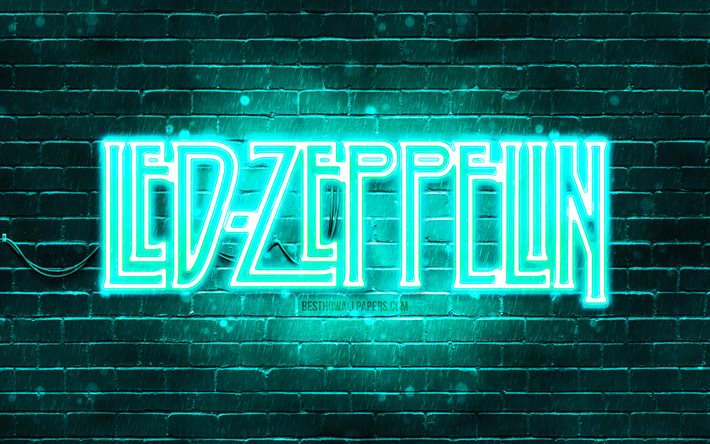 Led Zeppelin turkoosi logo, 4k, turkoosi tiilisein&#228;, brittil&#228;inen rock-yhtye, Led Zeppelin -logo, musiikkit&#228;hdet, Led Zeppelin neonlogo, Led Zeppelin