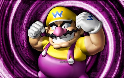 4k, Wario, violet grunge background, Super Mario, vortex, Super Mario characters, cartoon plumber, Super Mario Bros, Wario Super Mario