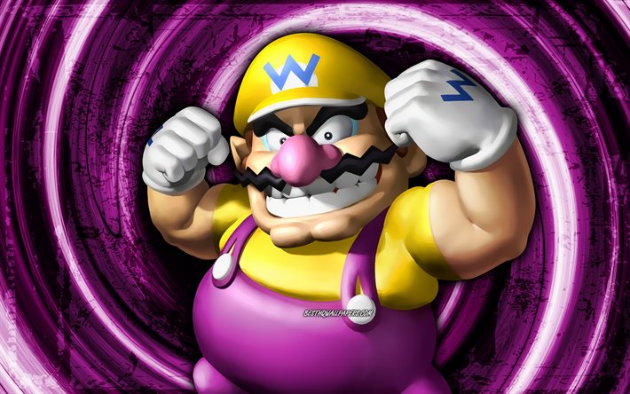 4k, Wario, violett grunge bakgrund, Super Mario, vortex, Super Mario karakt&#228;rer, tecknad r&#246;rmokare, Super Mario Bros, Wario Super Mario