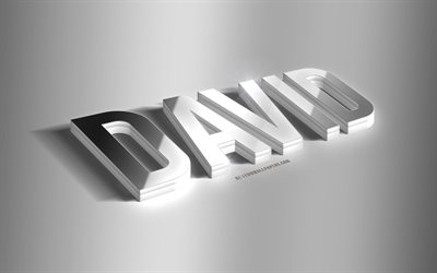 ديفيد, فن 3d الفضة, خلفية رمادية, خلفيات بأسماء, اسم ديفيد, بطاقة ديفيد تهنئة, فن ثلاثي الأبعاد, صورة باسم ديفيد
