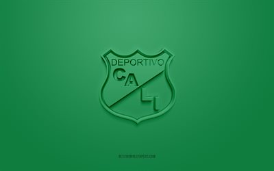 Deportivo Cali, creative 3D logo, green background, 3d emblem, Colombian football club, Categoria Primera A, Cali, Colombia, 3d art, football, Deportivo Cali 3d logo