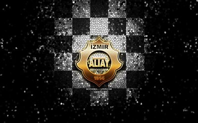 Altayspor FC, glitter logo, 1 Lig, white black checkered background, soccer, turkish football club, Altayspor logo, mosaic art, TFF First League, football, Altay SK, Altay Izmir