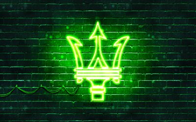 Maserati green logo, 4k, green brickwall, Maserati logo, cars brands, Maserati neon logo, Maserati