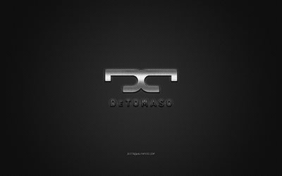 Logo De Tomaso, logo argento, sfondo grigio in fibra di carbonio, emblema in metallo De Tomaso, De Tomaso, marchi di automobili, arte creativa