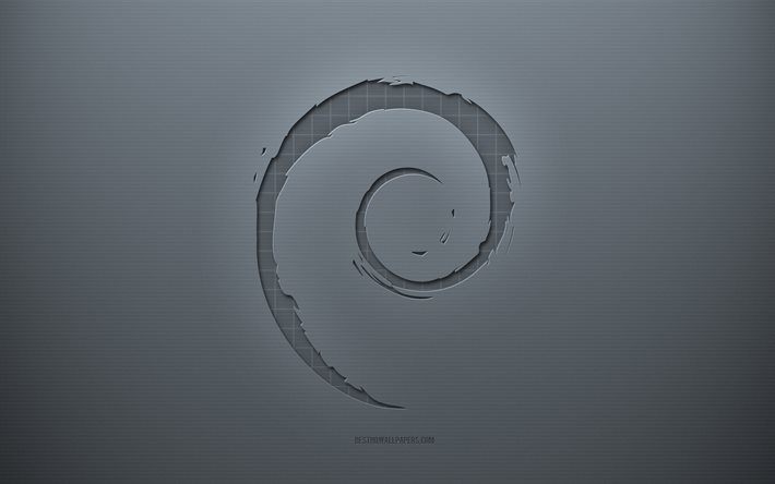 Debian-logo, harmaa luova tausta, Debian-tunnus, harmaa paperin rakenne, Debian, harmaa tausta, Debianin 3D-logo