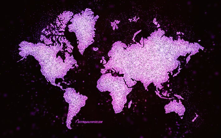 Mapa mundial de glitter, fundo preto, mapa mundial, arte glitter roxa, conceitos de mapa mundial, arte criativa, mapa mundial roxo, mapa de continentes