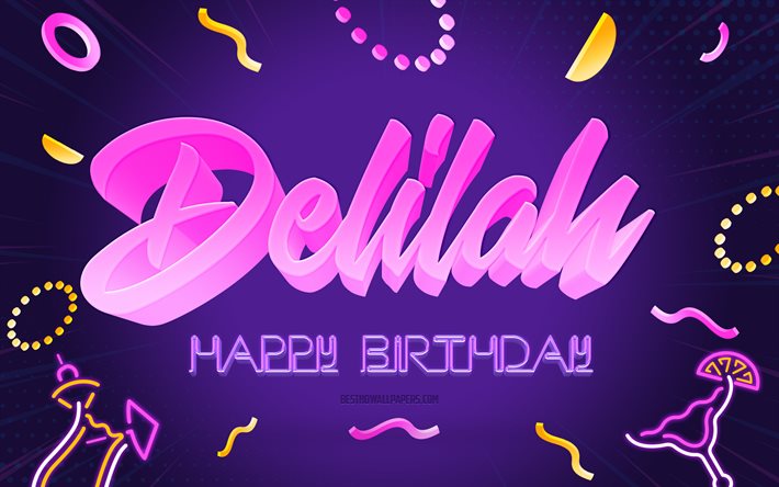 お誕生日おめでとうデリラ, 4k, 紫のパーティーの背景, デリラ, クリエイティブアート, デリラお誕生日おめでとう, デリラの名前, デリラの誕生日, 誕生日パーティーの背景