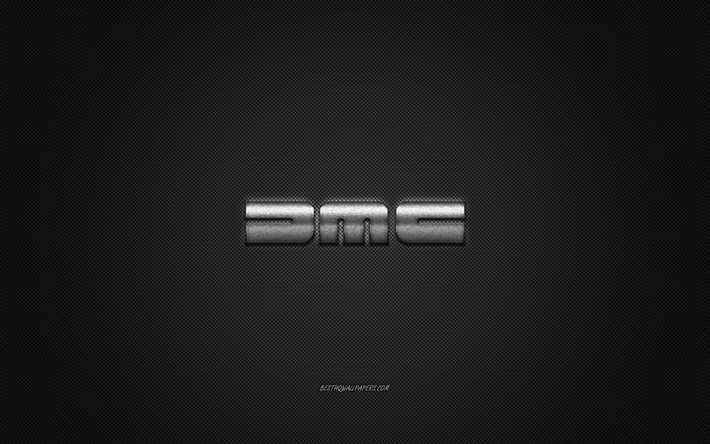 Logo DeLorean, logo argent&#233;, fond gris en fibre de carbone, embl&#232;me m&#233;tallique DeLorean, DeLorean, marques de voitures, art cr&#233;atif