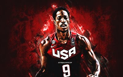 DeMar DeRozan, USA national basketball team, USA, American basketball player, portrait, United States Basketball team, red stone background