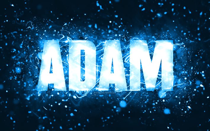 Grattis p&#229; f&#246;delsedagen Adam, 4k, bl&#229; neonljus, Adam namn, kreativ, Adam Grattis p&#229; f&#246;delsedagen, Adam f&#246;delsedag, popul&#228;ra amerikanska manliga namn, bild med Adam namn, Adam