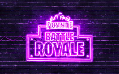 Fortnite Battle Royale mor logosu, 4k, mor brickwall, Fortnite Battle Royale logosu, &#231;evrimi&#231;i oyunlar, Fortnite Battle Royale neon logosu, Fortnite Battle Royale