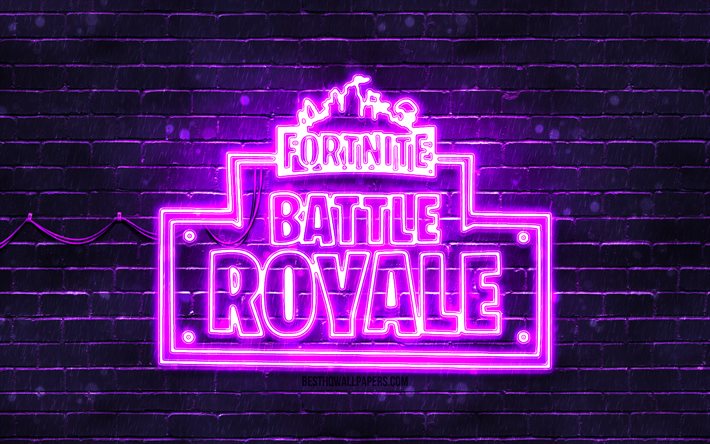 Fortnite Battle Royale violet logo, 4k, violet brickwall, Fortnite Battle Royale logo, online games, Fortnite Battle Royale neon logo, Fortnite Battle Royale