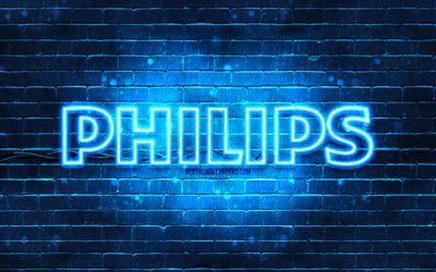 Philips blue logo, 4k, blue brickwall, Philips logo, brands, Philips neon logo, Philips