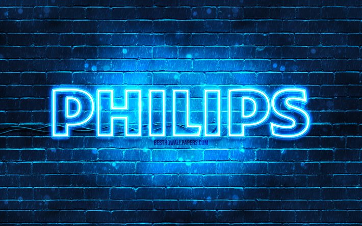Philips blue logo, 4k, blue brickwall, Philips logo, brands, Philips neon logo, Philips