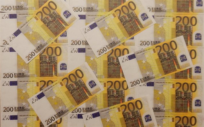 fond avec 200 euros, factures de 200 euros, fond d&#39;argent, texture de l&#39;argent, monnaie euro, 200 euros