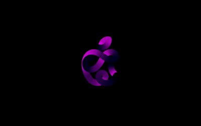 Logotipo violeta da Apple, 4k, minimalismo, fundo preto, logotipo abstrato da Apple, logotipo 3D da Apple, criativo, Apple
