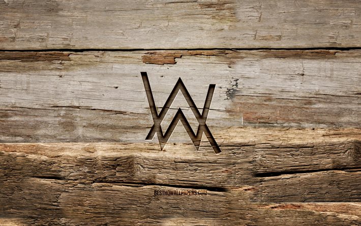 アランウォーカー木製ロゴ, 4K, アラン・オラフ・ウォーカー, 木製の背景, ノルウェーのDJ, アランウォーカーのロゴ, creative クリエイティブ, 木彫り, アラン・ウォーカー