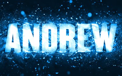 Buon compleanno Andrea, 4k, luci al neon blu, nome Andrew, creativo, buon compleanno Andrew, compleanno Andrew, nomi maschili americani popolari, foto con nome Andrew, Andrew