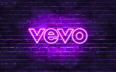 Vevo violetti logo, 4k, violetti tiilisein&#228;, Vevo logo, tuotemerkit, Vevo neon logo, Vevo