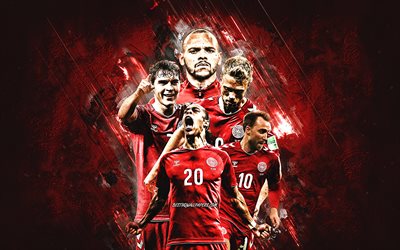 Denmark national football team, red stone background, Denmark, football, Martin Braithwaite, Christian Eriksen, Yussuf Poulsen