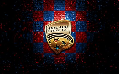 Adelaide United FC, glitter logo, A-League, red blue checkered background, soccer, australian football club, Adelaide United logo, Australia, mosaic art, football, Adelaide United