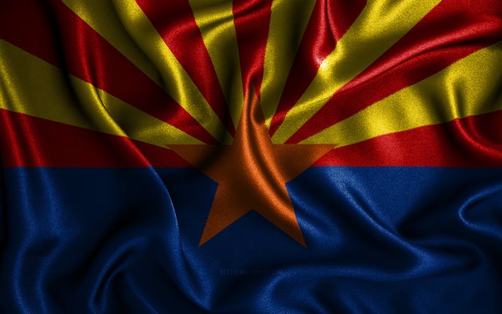 Arizona-flaggan, 4k, v&#229;giga sidenflaggor, amerikanska stater, USA, tygflaggor, 3D-konst, Arizona, Arizona 3D-flaggan