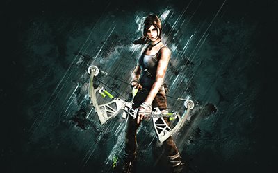 Fortnite Lara Croft Skin, Fortnite, main characters, gray stone background, Lara Croft, Fortnite skins, Lara Croft Skin, Lara Croft Fortnite, Fortnite characters