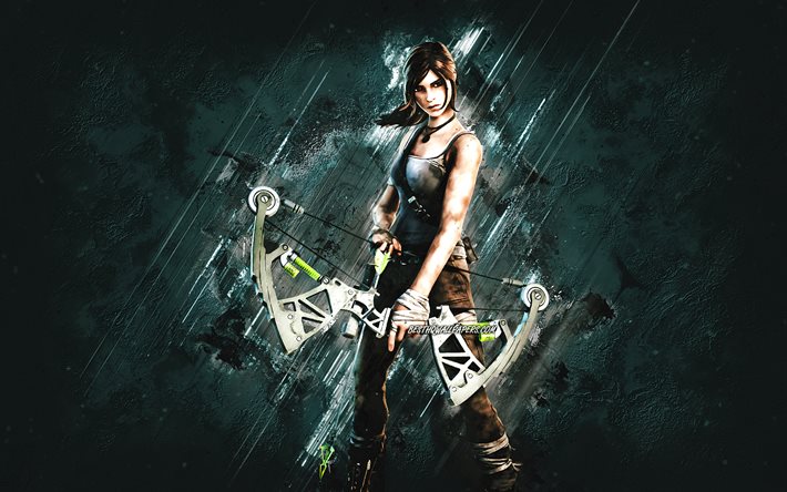 Fortnite Lara Croft Skin, Fortnite, ana karakterler, gri taş arka plan, Lara Croft, Fortnite derileri, Lara Croft Skin, Lara Croft Fortnite, Fortnite karakterleri