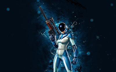 Astro Assassin, 4k, luzes de n&#233;on azuis, Fortnite Battle Royale, personagens Fortnite, Astro Assassin Skin, Fortnite, Astro Assassin Fortnite