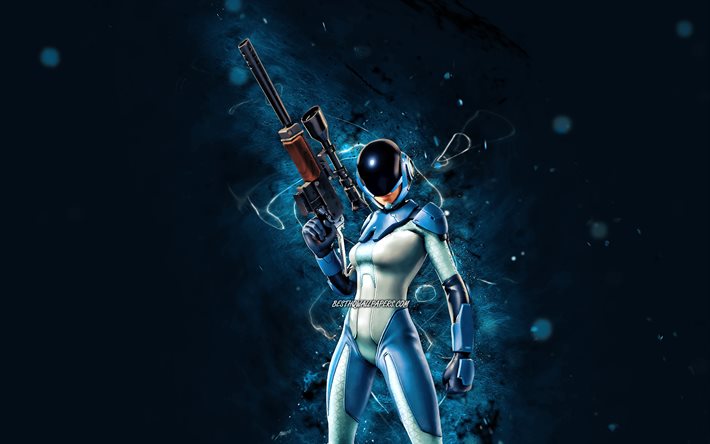 Astro Assassin, 4k, luci al neon blu, Fortnite Battle Royale, Personaggi Fortnite, Astro Assassin Skin, Fortnite, Astro Assassin Fortnite