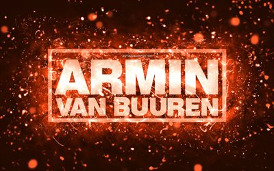 Armin van Buuren logo arancione, 4k, DJ olandesi, luci al neon arancioni, creativo, sfondo astratto arancione, logo Armin van Buuren, star della musica, Armin van Buuren