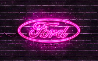 Logo Ford viola, 4k, brickwall viola, logo Ford, marche di automobili, logo al neon Ford, Ford